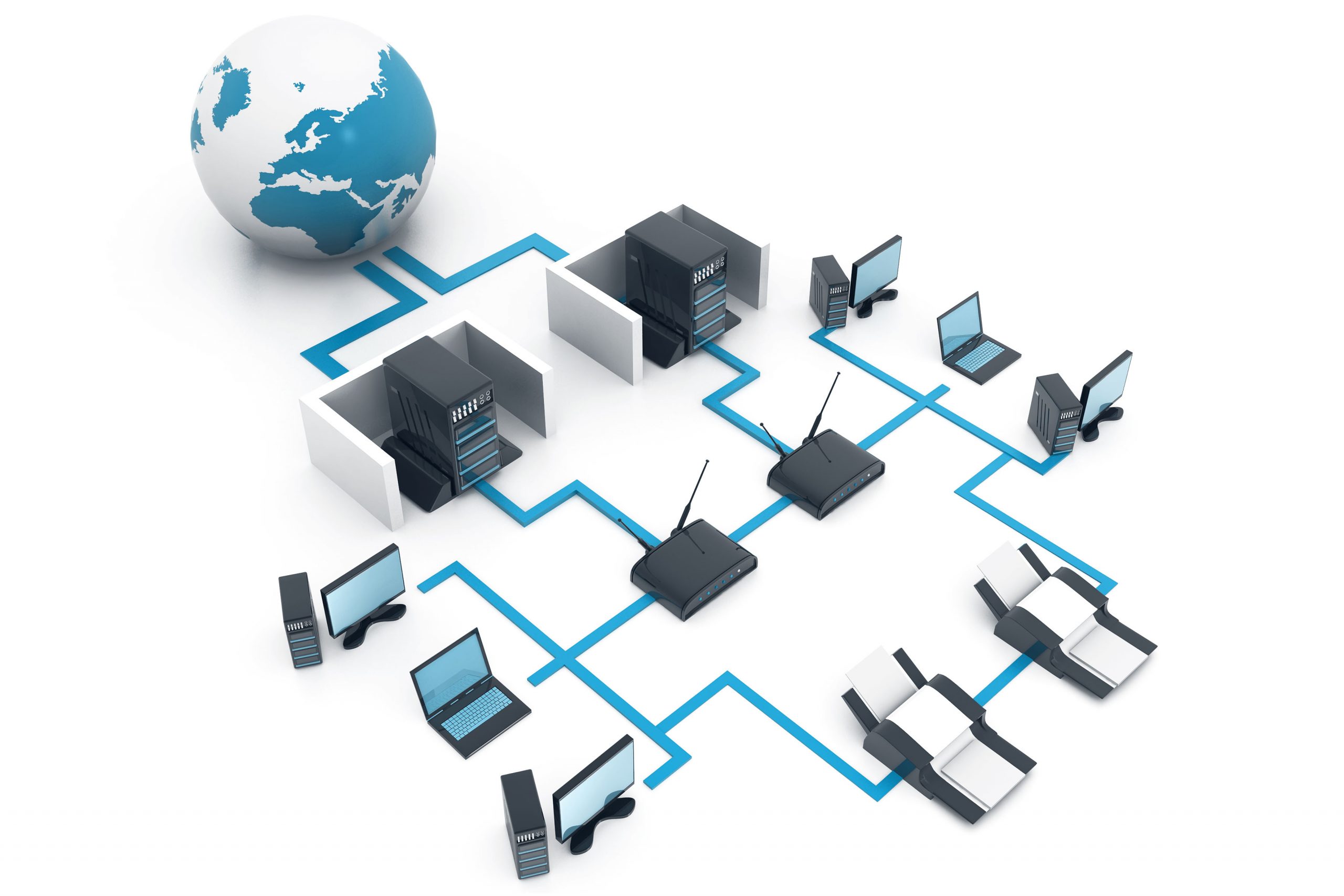 Das Bild zeigt ein Computernetzwerk, Internet-Konzept, Netzwerkdiagramm, 3D-Illustration.